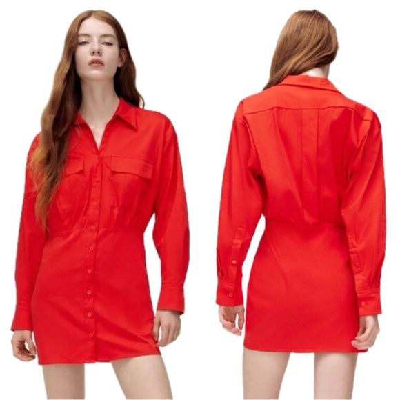 NWT ZARA RED POPLIN SHIRT DRESS Button-down Shirt Dress Women’s Large - Picture 1 of 11
